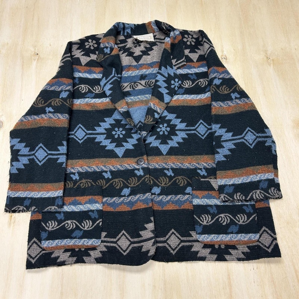 Vintage BonJour Blazer Jacket Womens XL Black Southwestern Geometric Knit